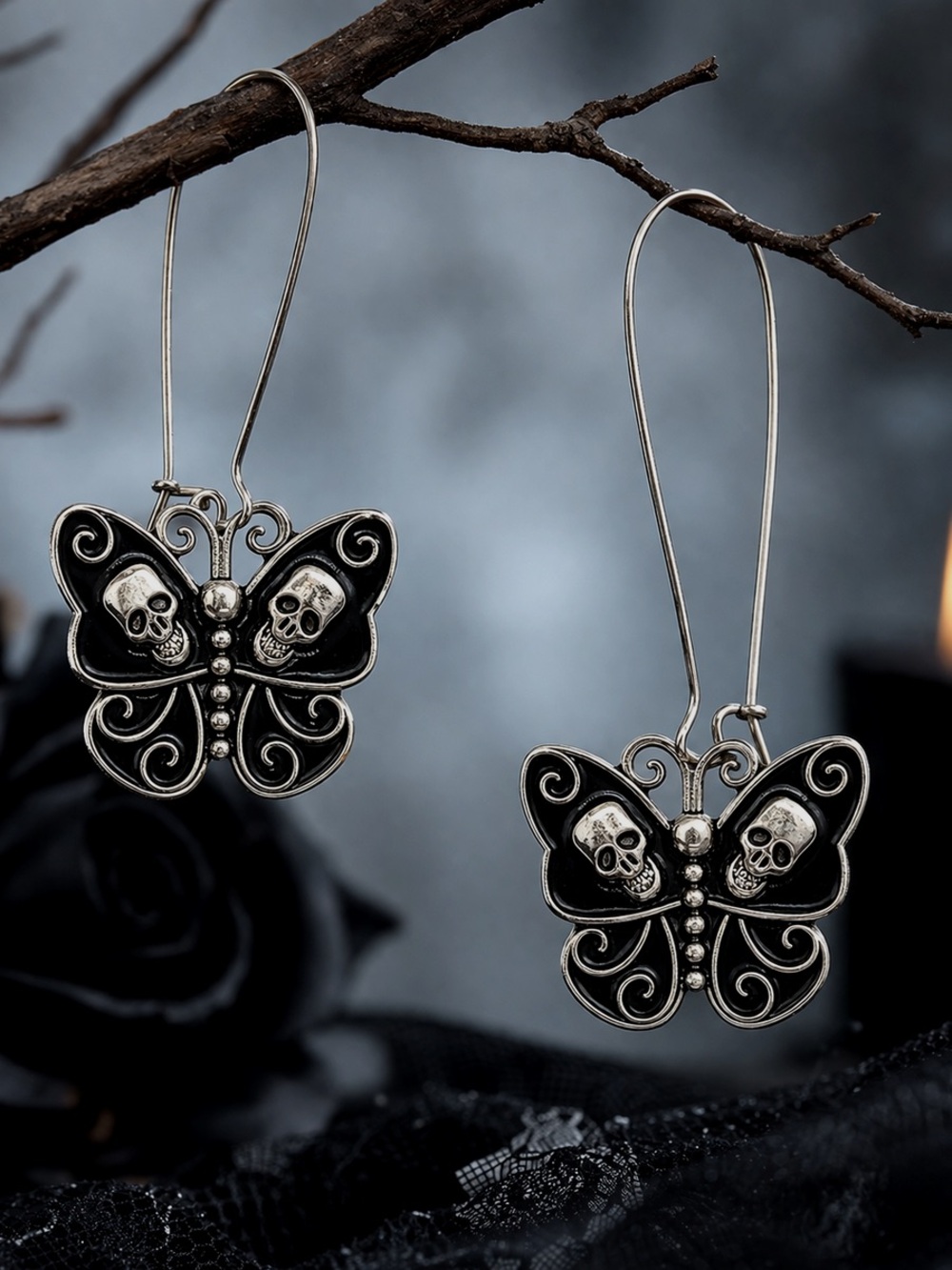 Black Butterfly Skull Dangle Hook Drop Earrings